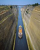 Overview of a cargo crossing the Corinth canal,  Peloponnese,  Greece