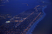 USA,  New York,  View of Long Beach from the air at dusk.