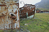 Old ships and vertebra of whale,  whaling station,  Grytviken,  South Georgia,  SGSSI,  UK