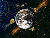 Satellitenaufnahme von der Erde, Weltall, Erdball, Erdkugel, mit Satelliten, Satellit, Fotomontage