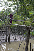 Vietnamese woman walking over a pile bridge in the Mekong Delta, Can Tho Province, Vietnam, Asia