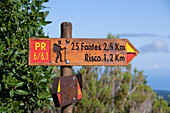 Sign showing the Levada Walk to the 25 Fontes and Risco waterfalls, Near Rabacaul, Madeira, Portugal