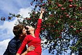 Couple under an apple tree, woman reaching for an apple, Styria, Austria