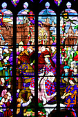 Stained Glass Representing Anne De Bretagne Entering Dinan In 1503, Saint-Malo Church, Medieval Town Of Dinan, Cotes D'Armor (22), France