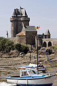 Boat At Low Tide In Front Of The Solidor Tower, Cite D'Aleth, Saint-Malo, Ille-Et-Vilaine (35), France