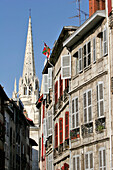 House Facades And The Sainte-Marie De Bayonne Cathedral, Grand Bayonne, Basque Country, Basque Coast, Bayonne, Pyrenees Atlantiques, (64), France