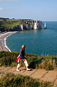 Look-Out Point And Strollers In Front Of The 'Arch' And The 'Needle' Of The Limestone Cliffs Of Etretat, Seine-Maritime (76), Normandy, France