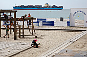 The Children'S Club Playground On The Beach With A Cargo Ship Off The Coast, Le Havre, Seine-Maritime (76), Normandy, France