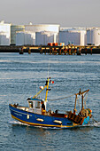 Trawler Entering The Port In Front Of The Oil Tanker Terminal, Commercial Port, Le Havre, Seine-Maritime (76), Normandy, France