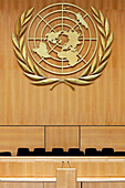 Gilded Logo Of The Uno, In The Big Assembly Hall, Palace Of Nations, United Nations Offices, Geneva, Switzerland