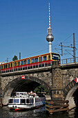 Television Tower, Fernsehturm, Boat On The Spree And Train, Berlin, Germany