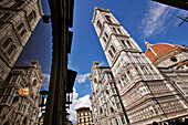 Facade In Coloured Marble Of The Duomo, Santa Maria Del Fiore Cathedral And Campanile, Florence, Tuscany, Italy