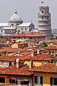 View Ofrom The Roofs Of Pisa Of The Leaning Tower (Torre Pendente), Baptistery (Battistero) And Cathedral (Duomo) On The Campo Dei Miracoli, Pisa, Tuscany, Italy