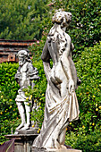 Garden In The Palazzo Pfanner With Its Statues, Its Rosebushes And Lemon Trees, Lucca, Tuscany, Italy