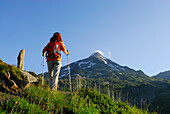Frau wandert, Rauchkofel im Hintergrund, Ahrntal, Zillertaler Alpen, Südtirol, Italien
