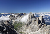 Rosengartenspitze, Vajolet towers and King Laurin mountain face, Latemar group in background, Rosengarten group, Dolomites, Trentino-Alto Adige/South Tyrol, Italy