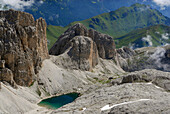 Lago di Antermoia, Rosengarten group, Dolomites, South Tyrol, Italy