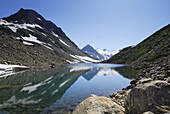 Reflection of mountains in mountain lake, Passo del Corno Gries, Ticino Alps, Canton of Ticino, Switzerland