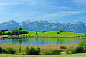 Lake Schapfensee with Tannheim range in background, Allgaeu, Swabia, Bavaria, Germany