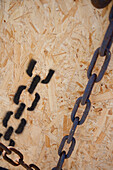 Chain, wooden box with pictogram, Port of Hamburg, Germany