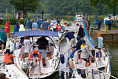 Schleuse Guzianka am Jez. Beldany (Beldahn-See), Masurische Seenplatte, Mazurskie Pojezierze, Masuren, Ostpreußen, Polen, Europa