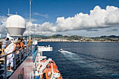 Cruiseship MS Delphin Voyager approaching Sao Miguel, Ponta Delgada, Sao Miguel Island, Azores, Portugal, Europe