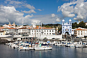 Sailing boats in the Marina and church of the Misericordia, Angra do Heroismo, Terceira Island, Azores, Portugal, Europe