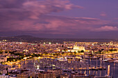 View of the harbour at dusk from Castell de Bellver, Palma, Mallorca, Balearic Islands, Spain, Europe