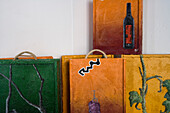 Artful wine boxes in Bodega Jaume Mesquida Winery, Porreres, Mallorca, Balearic Islands, Spain, Europe