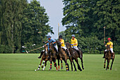 Polo-Turnier, Langenhagen-Maspe, Green, Bäume, Reiter mit Polo-Schlägern galoppieren über das Green