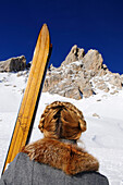 Traditional Skiers, Sella Ronda, Groedner Joch, Groeden, South Tyrol, Italy, MR
