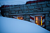 Snow-covered mountain lodge Cabane de l'A Neuve, Val Ferret, Canton of Valais, Switzerland