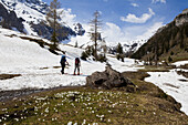 Two back-country skiers in valley Iffigtal, Bernese Oberland, Canton of Bern, Switzerland