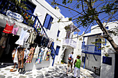 People in the narrow lanes of town, island of Mykonos, the Cyclades, Greece, Europe