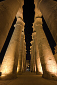 Illuminated Columned Hall inside Luxor Temple, Luxor, Egypt