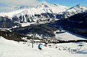 Skipiste, Skigebiet Corviglia, St. Moritz, Engadin, Graubünden, Schweiz