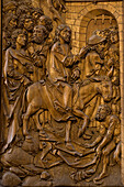 Holy Blood altar piece, detail of the entrance of Jesus Christ into Jerusalem from woodcarver Tilman Riemenschneider in St. Jakob's church in Rothenburg ob der Tauber, Bavaria, Germany, Europe