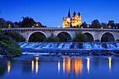 View over Lahn river with bridge to cathedral, Limburg, Hesse, Germany