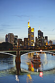 View over the river Main towards the Old Bridge and the Frankfurt skyline, Frankfurt am Main, Hesse, Germany