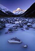 Aoraki - Mt Cook South face from Hooker Valley milky glacier water New Zealand
