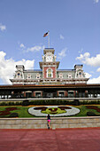 Train Station at Entrance to Walt Disney Magic Kingdom Theme Park Orlando Florida Central with Mickey Mouse flower bed