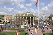 View of Main Street at Walt Disney Magic Kingdom Theme Park Orlando Florida Central from the Train Station