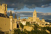 Alcazar fortress and Cathedral at dusk,  Segovia. Castilla-Leon,  Spain