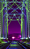 Bridge, Color, Colors, Colour, Cool, Metal, Metalic, Night, Nocturnal, Purple, Railroad, Sky, Structures, Track, Train, M90-863208, agefotostock 