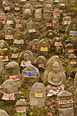 A field of many small stone figures with bibes around them that represent babies who died or were aborted near Kyomizu temple in Kyoto