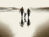 A husband and wife,  holding the hands of their baby girl,  helping her walk with them through the ocean surf