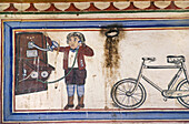 TWO NEW INVENTIONS,  THE TELEPHONE AND BICYCLE,  BANSIDHAR NEWATIA HAVELI 1910,  MANDAWA,  SHEKHAWATI REGION,  RAJASTHAN,  INDIA