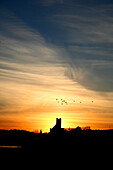 the sun setting behind timoleague abbey in west cork with beautiful colours  and birds in the sky