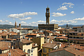 Florence Italy View across terracotta rooftops towards Palazzo Vecchio