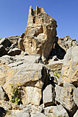 watchtower in the historic mountain oasis Misfah,  Hajar al Gharbi Mountains,  Dhakiliya Region,  Sultanate of Oman,  Arabia,  Middle East